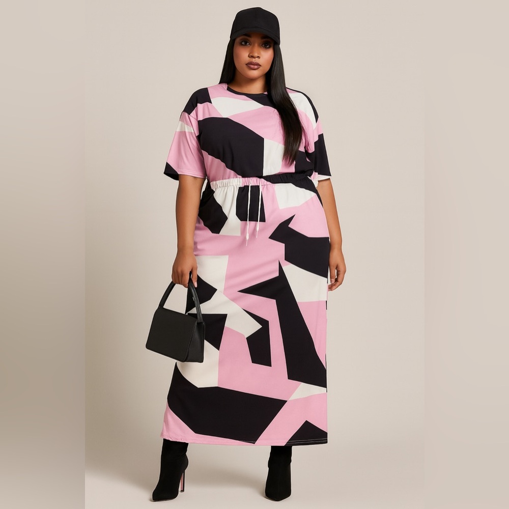 Bold Pink, Black & White Geometric Print Skirt & Top Set – Size 1XL